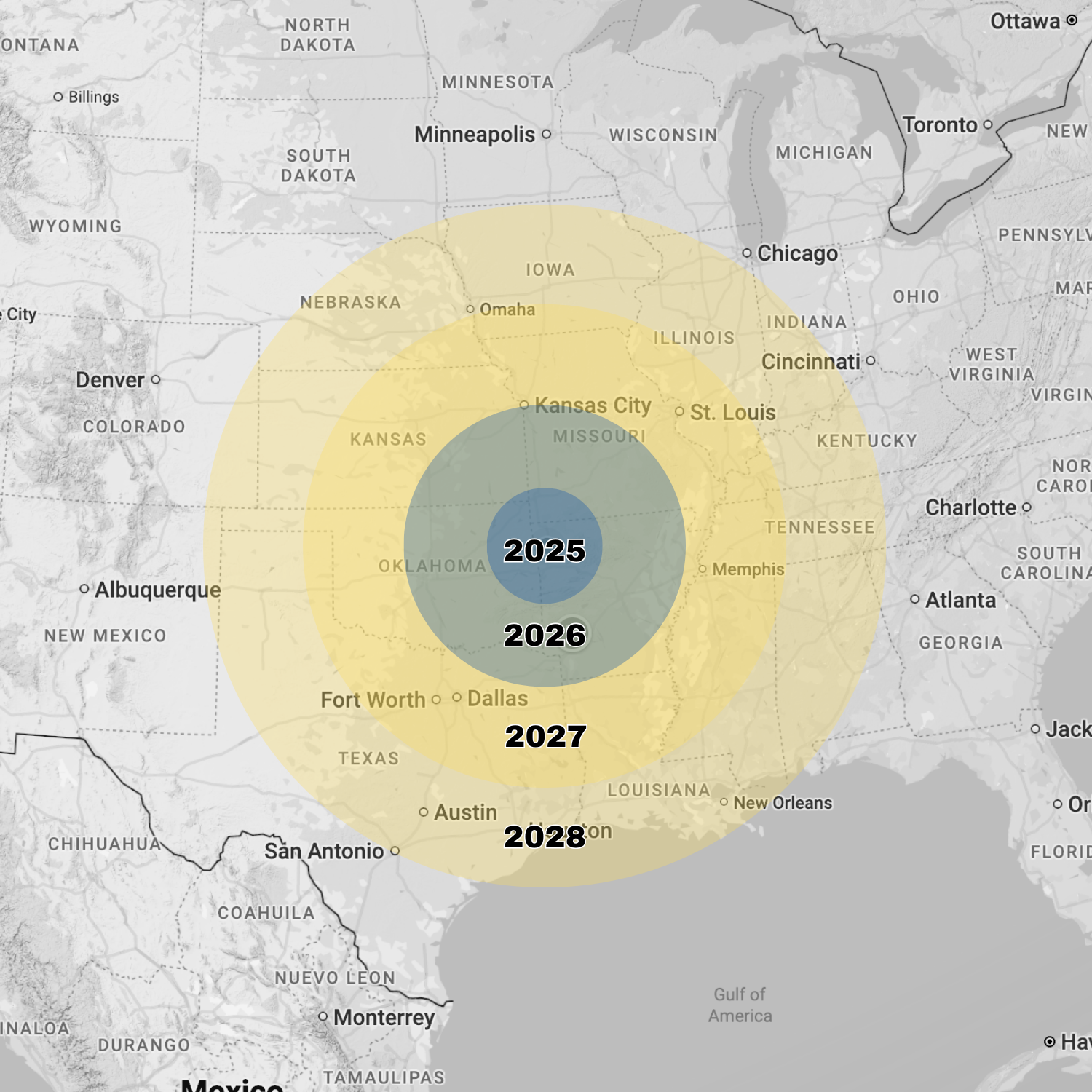 RVP expansion map showing growth from Northwest Arkansas outward through 2028